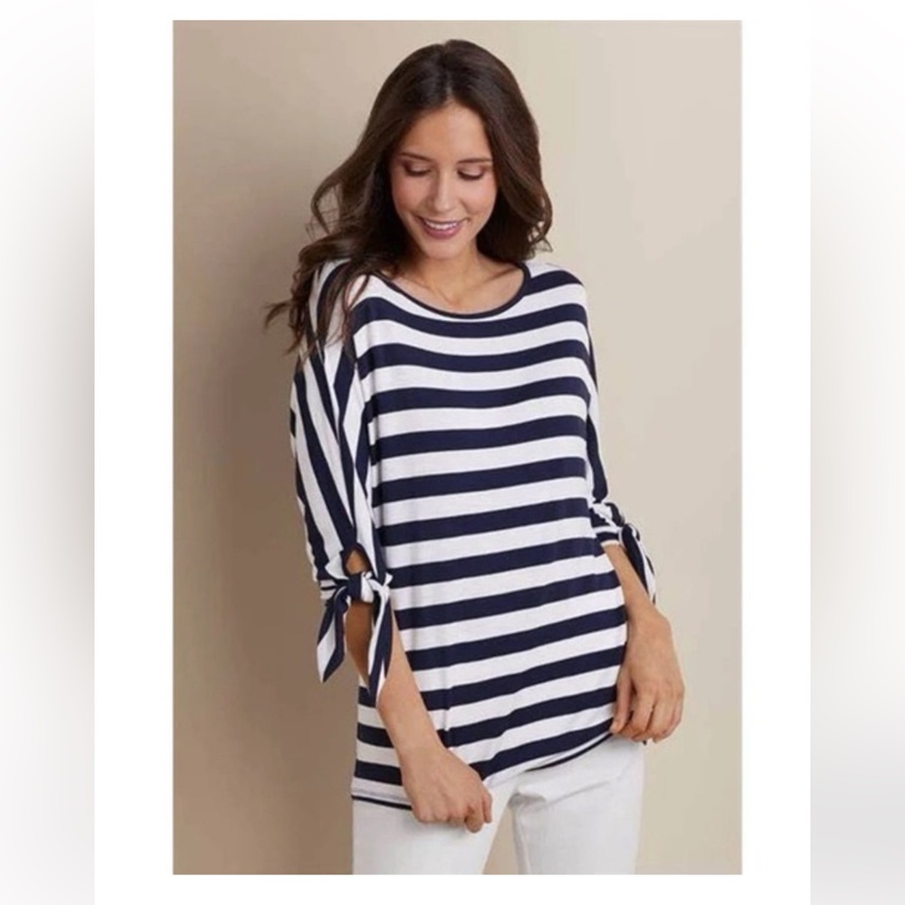 New Soft Surroundings Navy and White Striped Adrift Top Heavenly Soft Sz XS